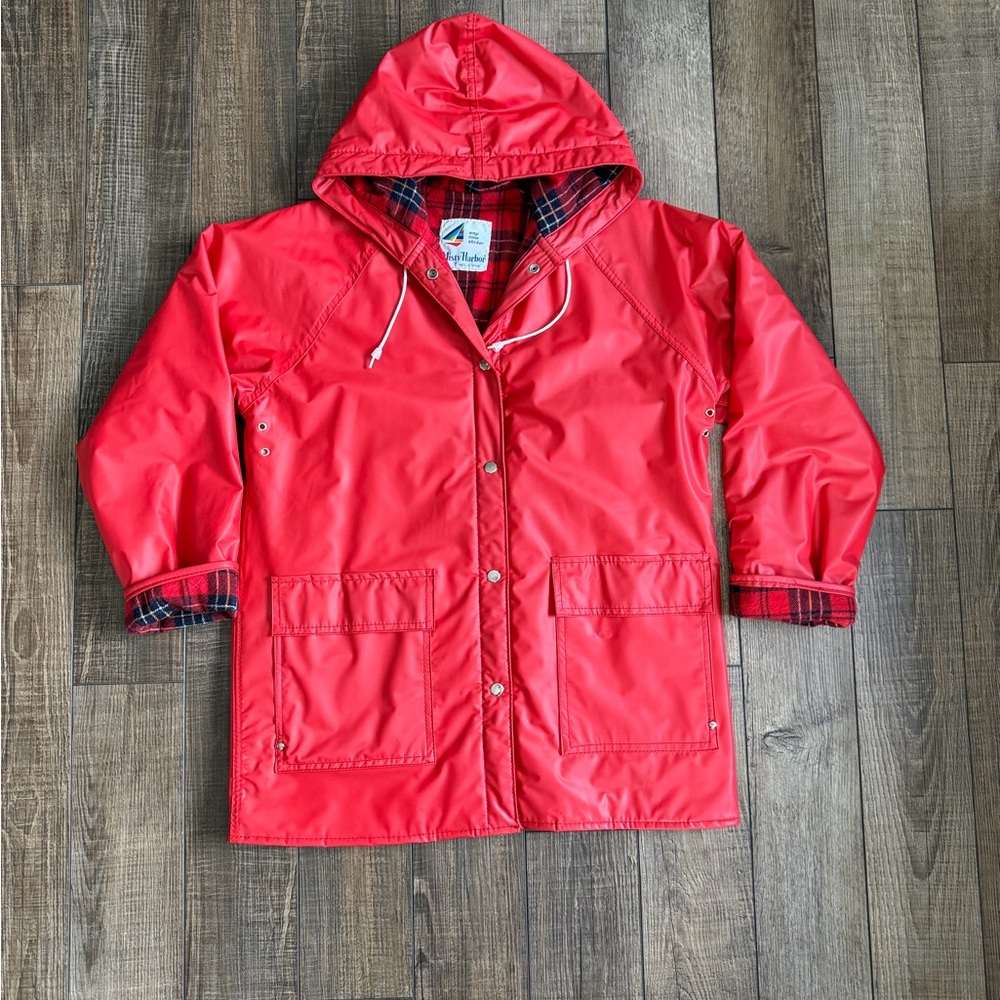 Classic Red Misty Harbor Hooded any time slicker with Plaid Lining